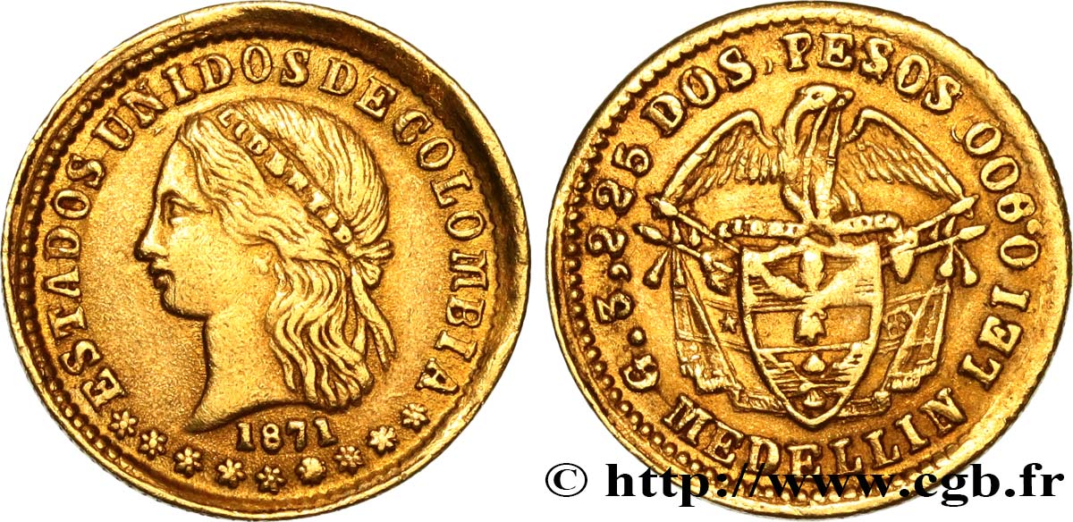COLOMBIA - REPUBLIC OF NEW GRANADA 2 Pesos 1871 Medellin AU 