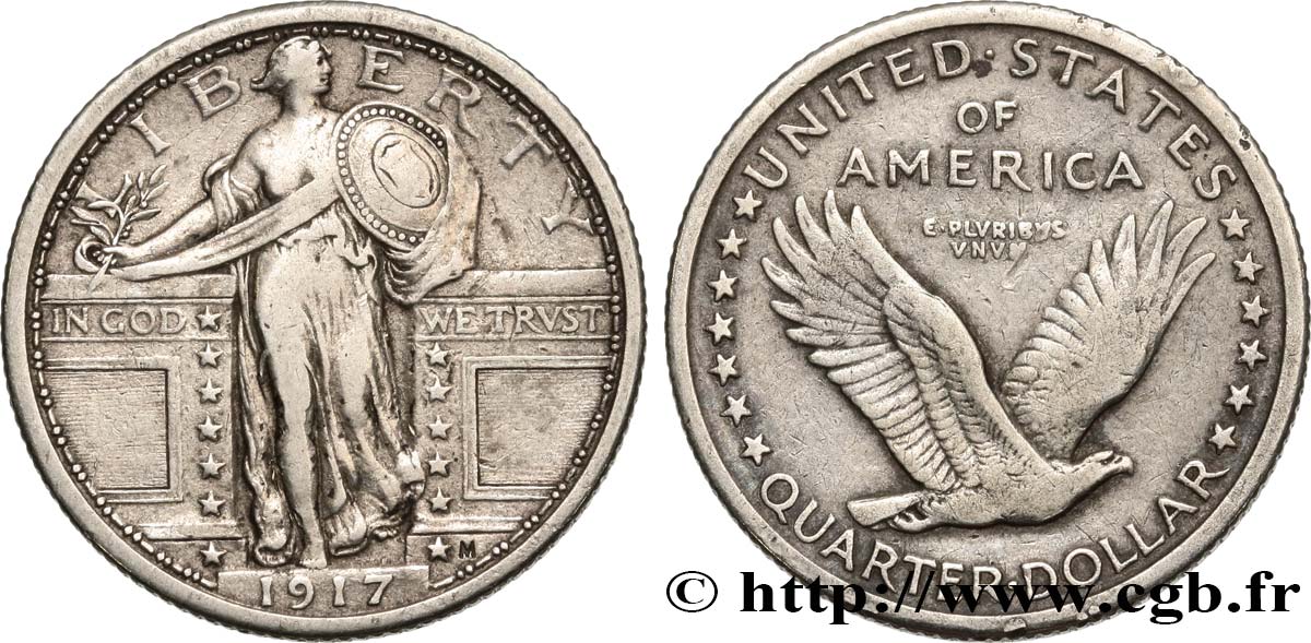ÉTATS-UNIS D AMÉRIQUE 1/4 Dollar Liberté sans étoiles sous l’aigle 1917 Philadelphie TB+ 