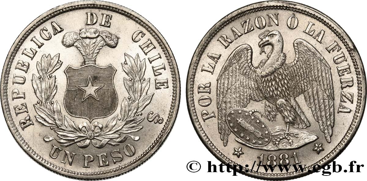 CHILI - RÉPUBLIQUE 1 Peso Condor 1881 Santiago SUP 