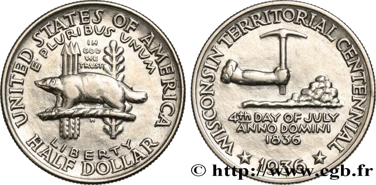 ÉTATS-UNIS D AMÉRIQUE 1/2 Dollar centenaire du Wisconsin 1936 Philadelphie TTB+ 