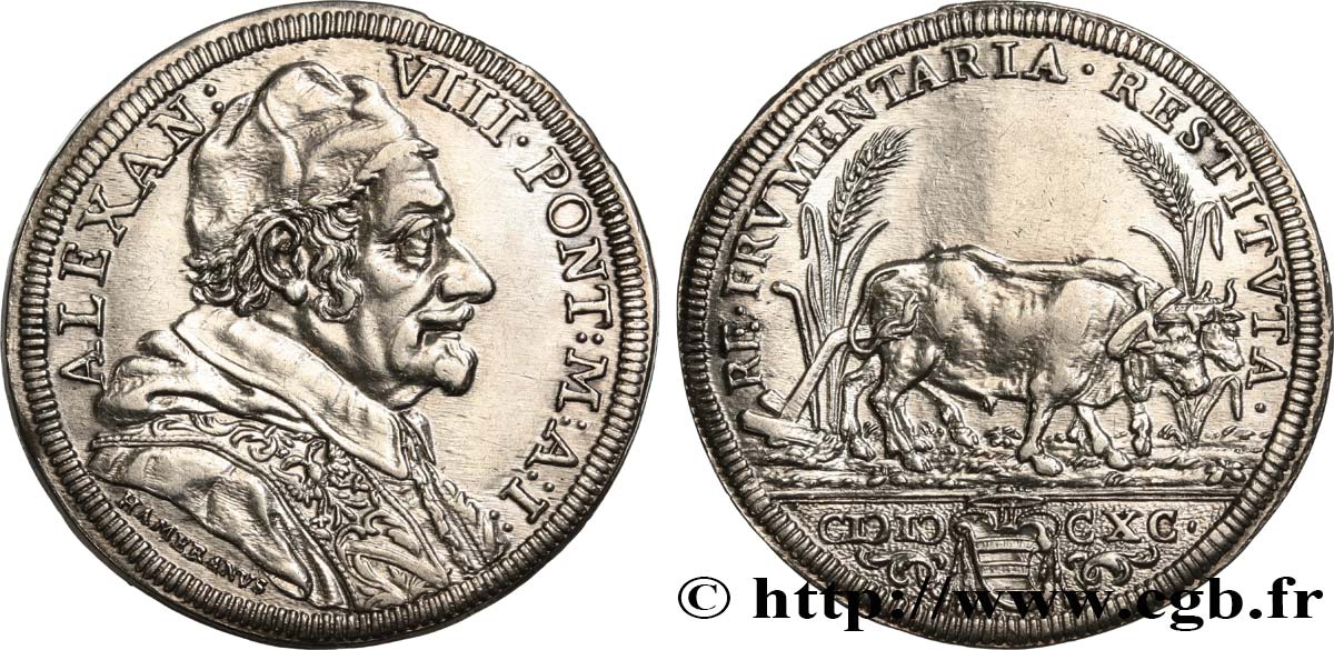 ITALY- PAPAL STATES - ALEXANDER VIII (Pietro Vito Ottoboni) Teston an I 1690 Rome XF 