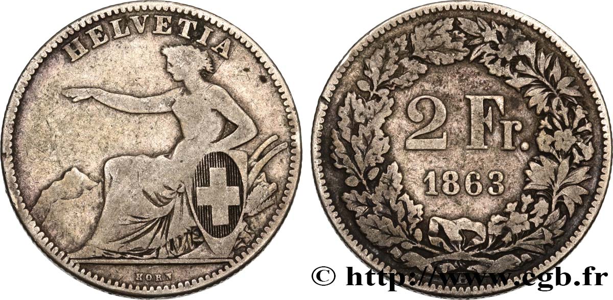 SUIZA 2 Francs Helvetia 1863 Berne BC 