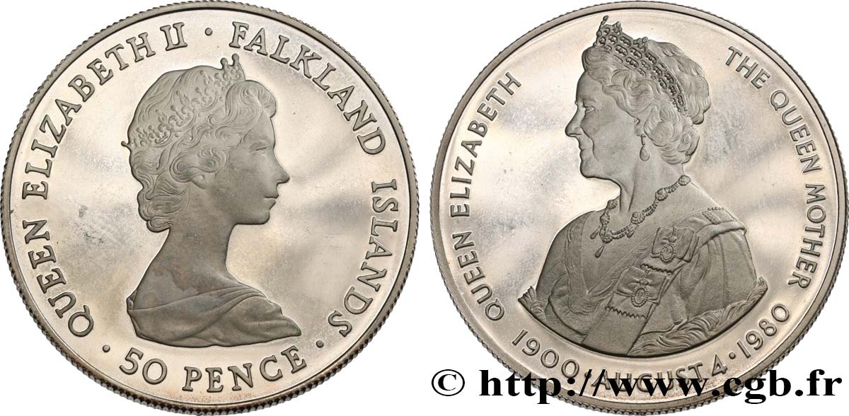 ISLAS MALVINAS 50 Pence Proof 80e anniversaire de la Reine Mère 1980  SC 