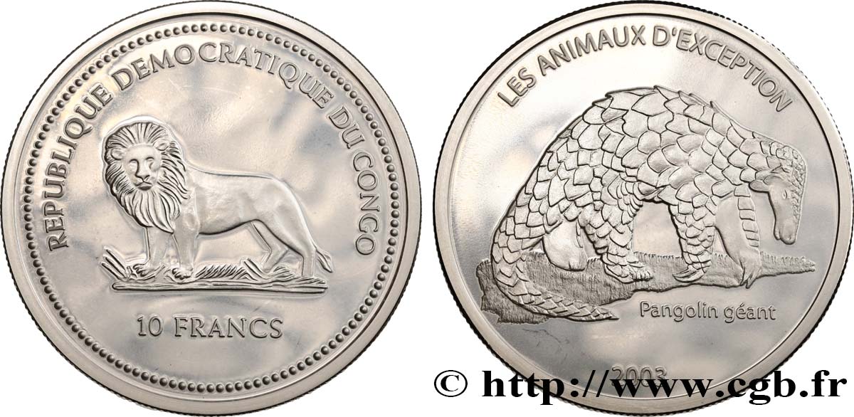 DEMOKRATISCHE REPUBLIK KONGO 10 Franc Proof Pangolin géant 2003  fST 