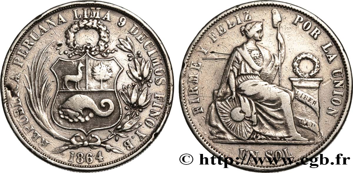 PERú 1 Sol “Liberté” assise 1864 Lima BC 