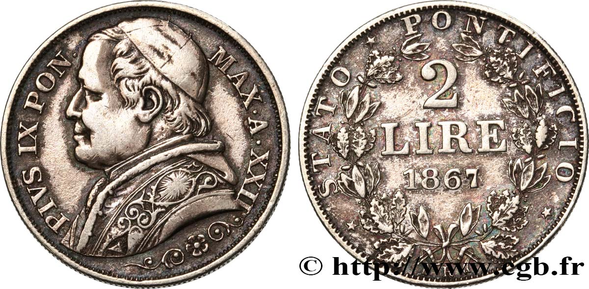 VATICAN ET ÉTATS PONTIFICAUX 2 Lire Pie IX an XXII 1867 Rome TTB 