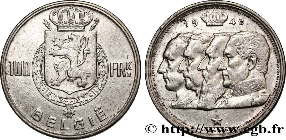 BELGIQUE 100 Francs bustes des quatre rois de Belgique, légende flamande 1948  TTB 