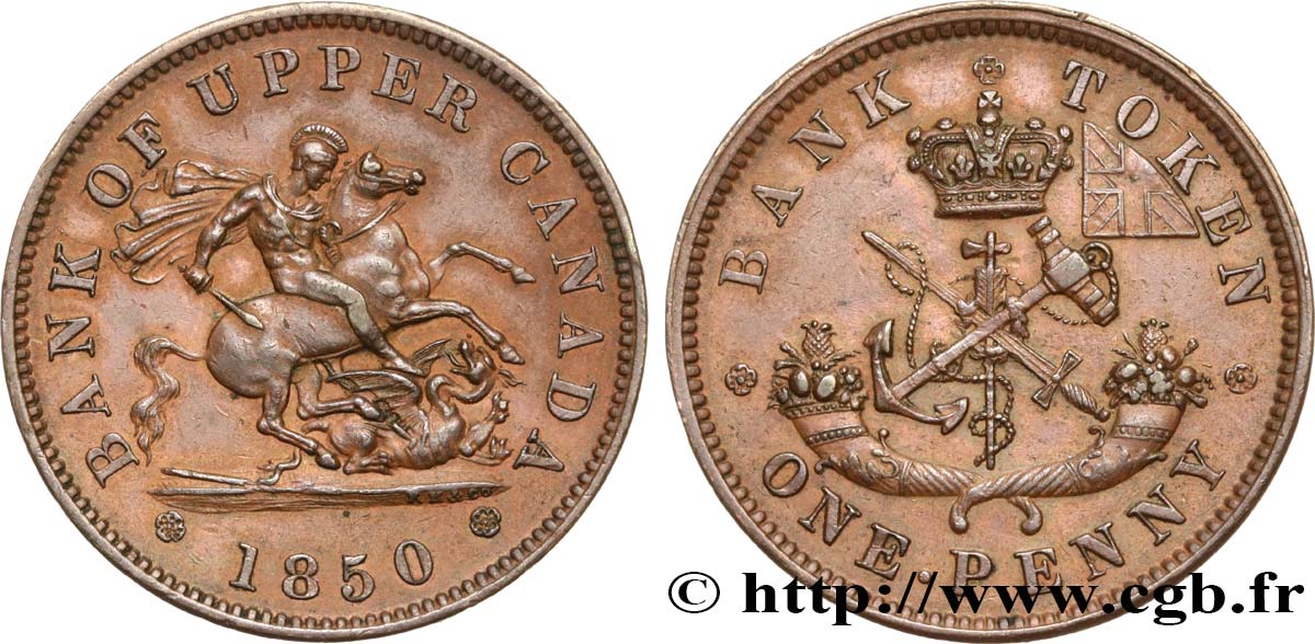 CANADA 1 Penny token Province du Haut Canada St Georges terrassant le dragon 1850 Heaton SPL 