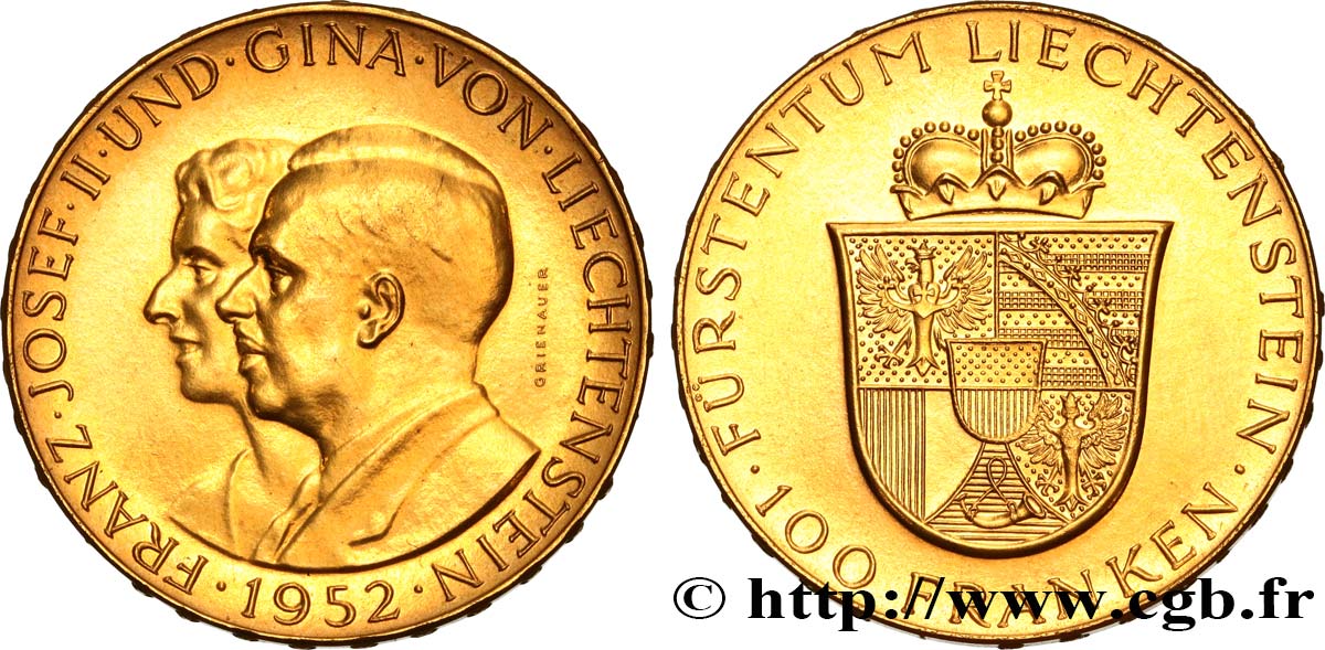 LIECHTENSTEIN - PRINCIPALITY OF LIECHTENSTEIN - FRANCIS JOSEPH II 100 Franken 1952  MS 