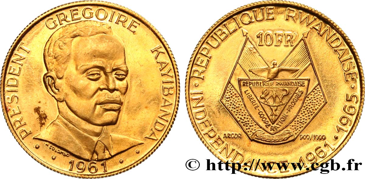 RWANDA 10 Francs Proof Grégoire Kayibanda 1965  SPL 