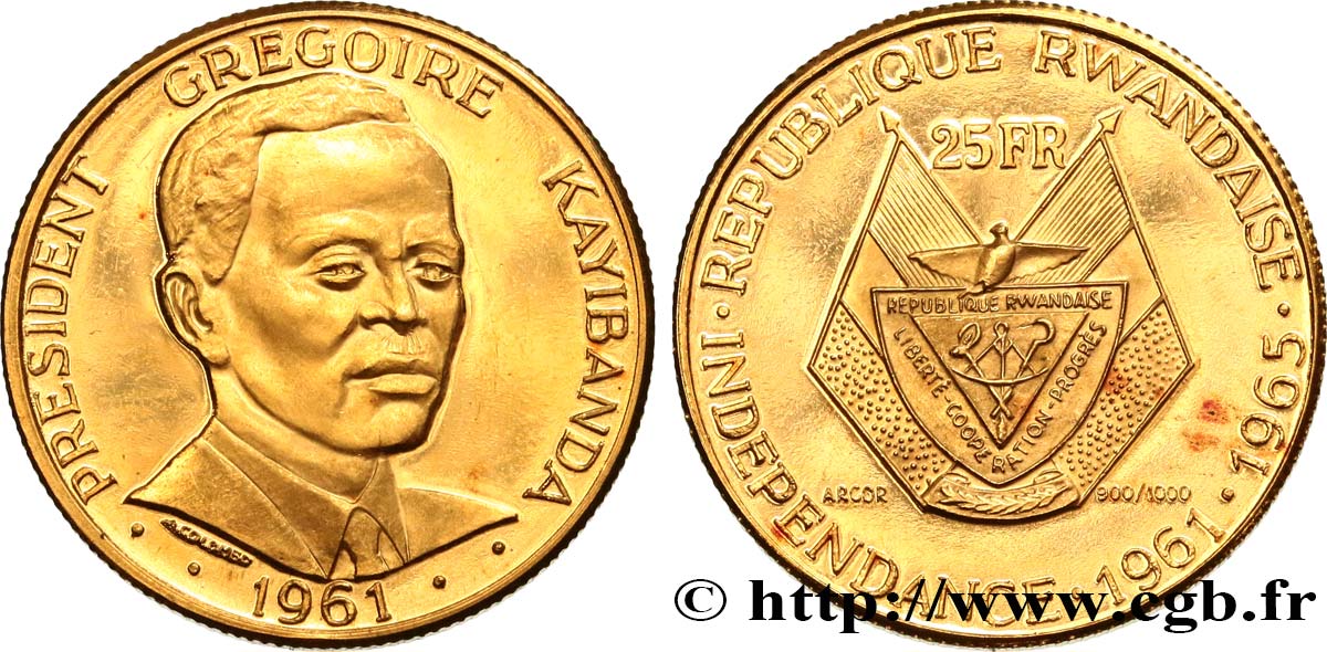 RWANDA 25 Francs Proof Grégoire Kayibanda 1965  SPL 