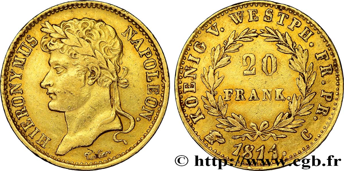 GERMANY - KINGDOM OF WESTPHALIA - JÉRÔME NAPOLÉON 20 Franken 1811 Cassel XF 