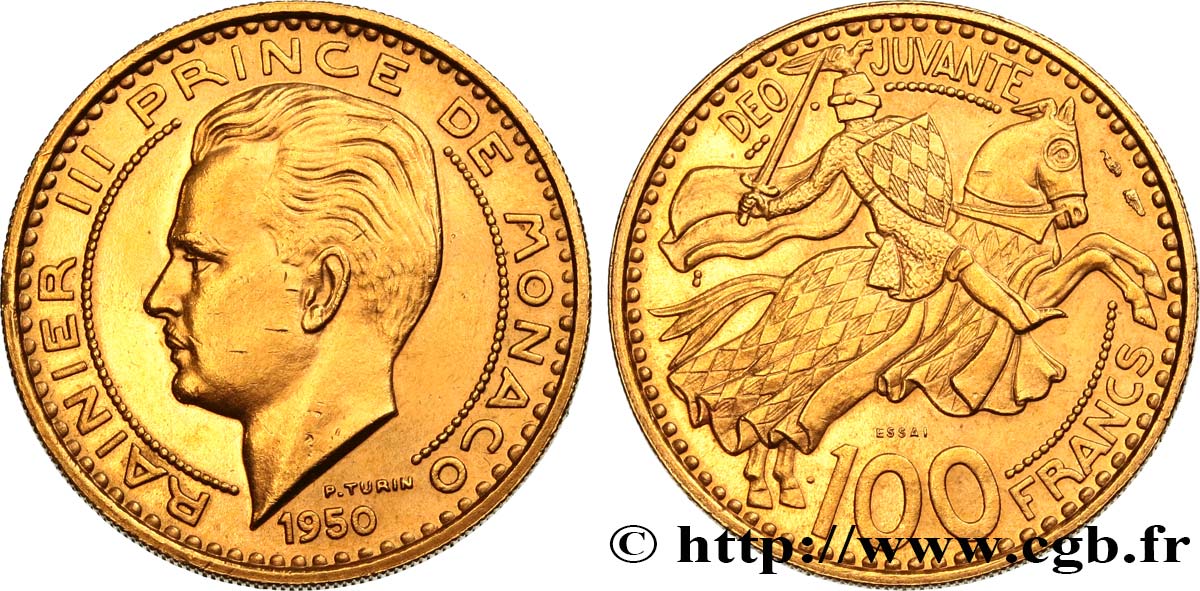 MÓNACO - PRINCIPADO DE MÓNACO - RANIERO III Essai de 100 francs or 1950 Paris EBC 
