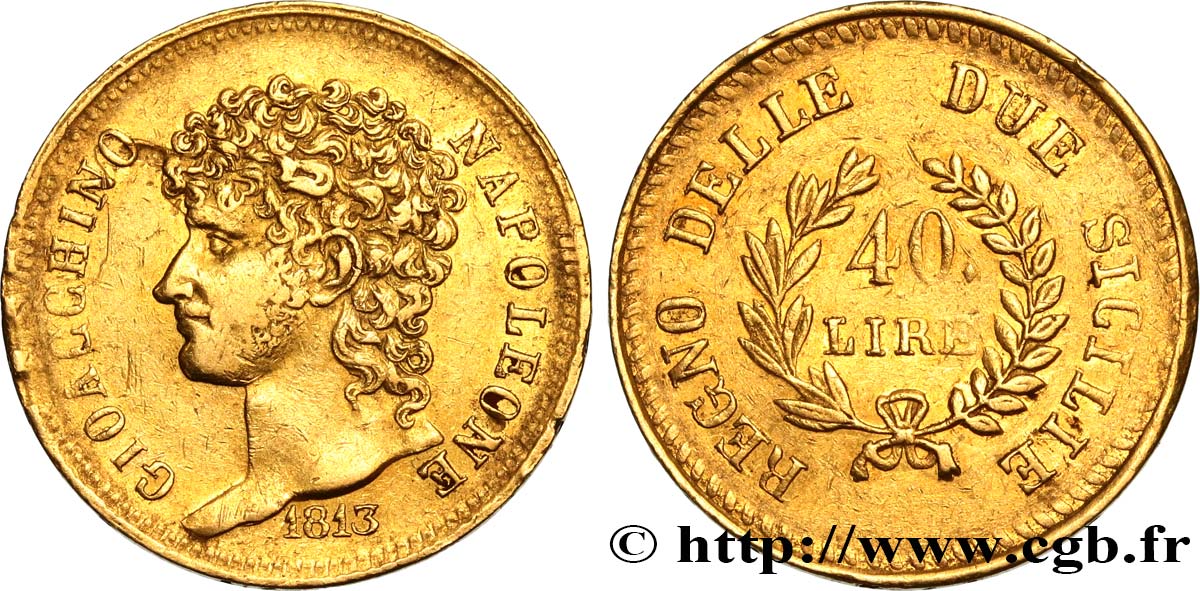 ITALIA - REGNO DI NAPOLI - GIOACCHINO MURAT 40 Lire or, rameaux longs 1813 Naples BB 