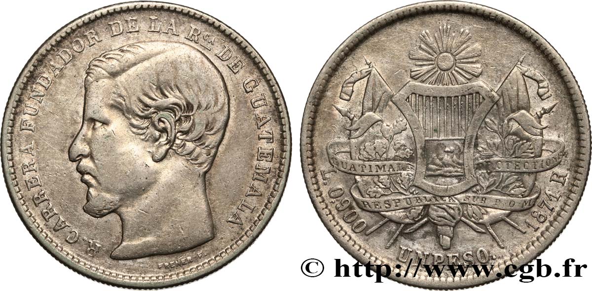 GUATEMALA 1 Peso Rafael Carrera 1871  TTB 
