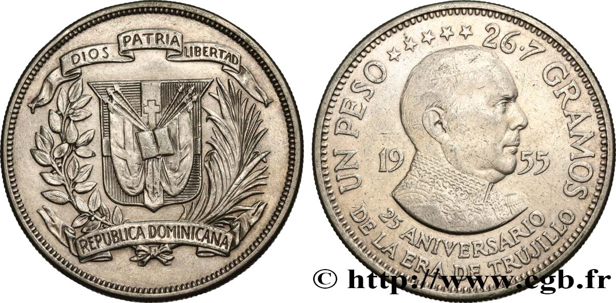 DOMINICAN REPUBLIC 1 Peso 25e anniversaire de l’ère de Trujillo 1955  XF 