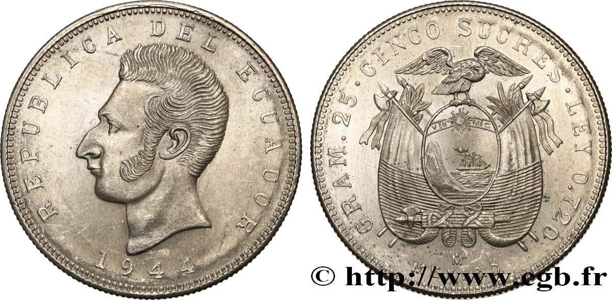 ECUADOR 5 Sucres Antonio Jose de Sucre 1944 Mexico MS 