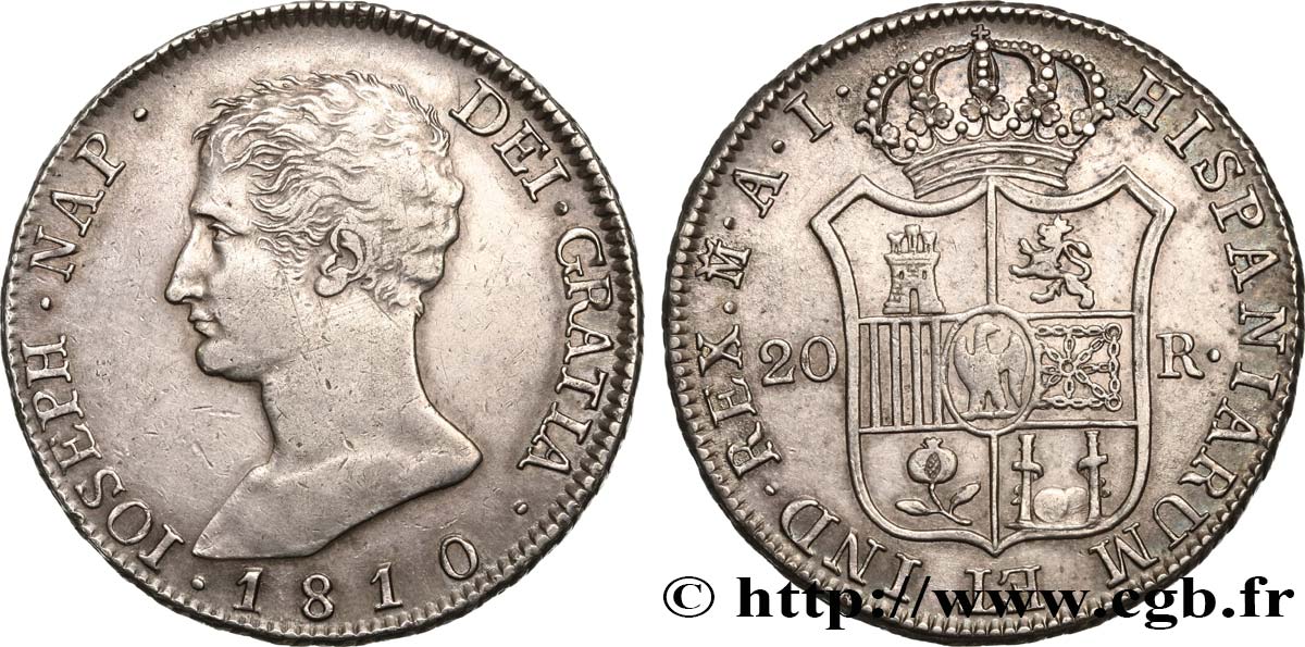 SPAIN - KINGDOM OF SPAIN - JOSEPH NAPOLEON 20 Reales ou 5 Pesetas 1810 Madrid AU/AU 