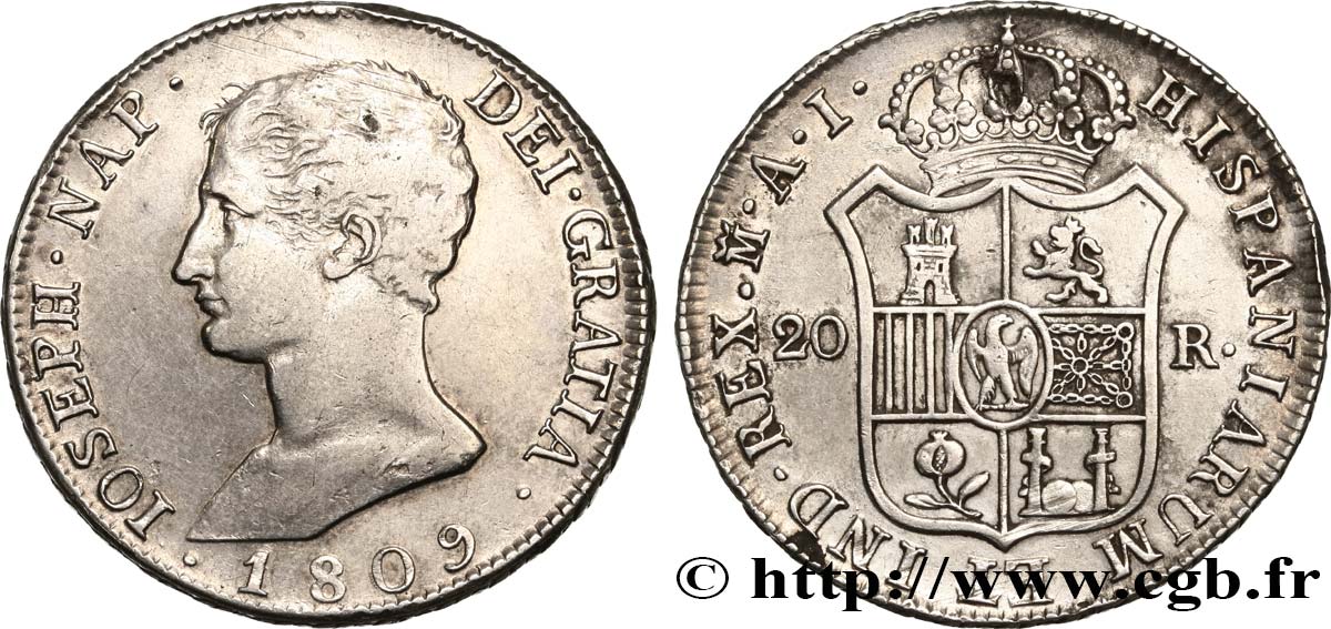 SPAIN - KINGDOM OF SPAIN - JOSEPH NAPOLEON 20 Reales ou 5 Pesetas 1809 Madrid XF 