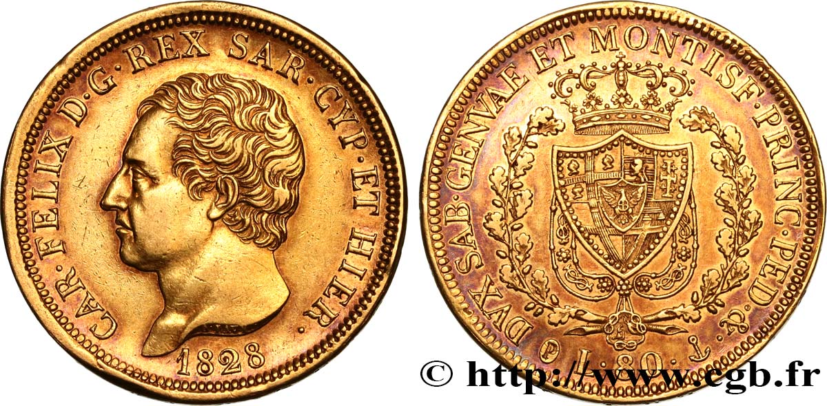 ITALY - KINGDOM OF SARDINIA 80 Lire Charles Félix de Savoie 1828 Gênes AU/XF 