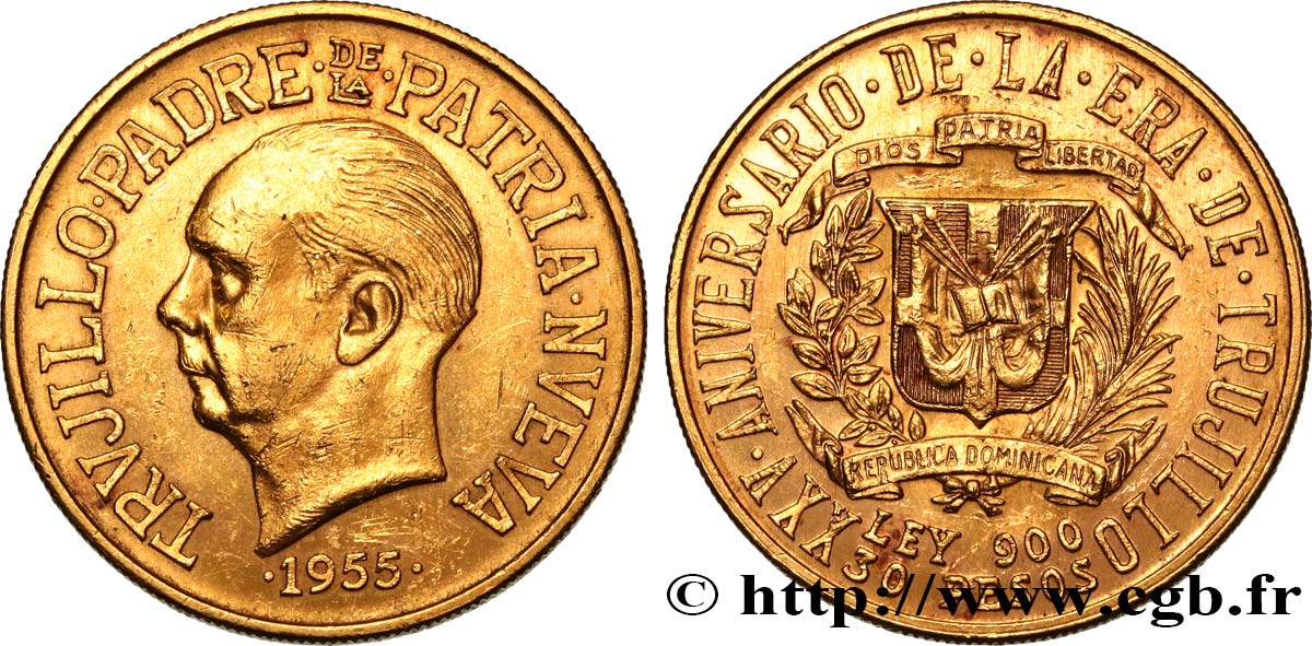 RÉPUBLIQUE DOMINICAINE 30 Pesos, 25e anniversaire du régime 1955  TTB+ 