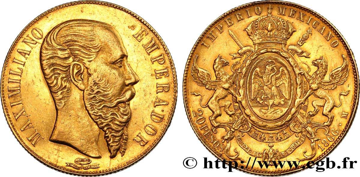 MEXIQUE - MAXIMILIEN Ier 20 Pesos 1866 Mexico AU 