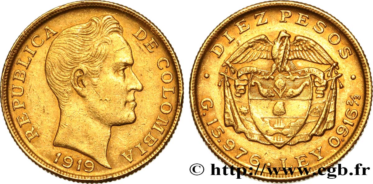COLOMBIA 10 Pesos Simon Bolivar 1919 Bogota AU/XF 