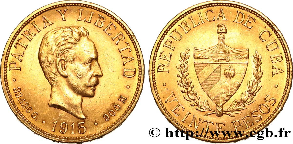 CUBA - RÉPUBLIQUE 20 Pesos José Marti 1915 Philadelphie AU 