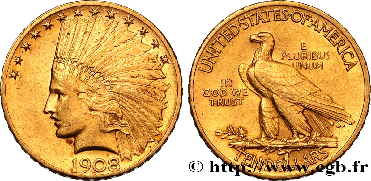 ÉTATS-UNIS D AMÉRIQUE 10 Dollars or  Indian Head , 2e type 1908 Philadelphie TTB+ 