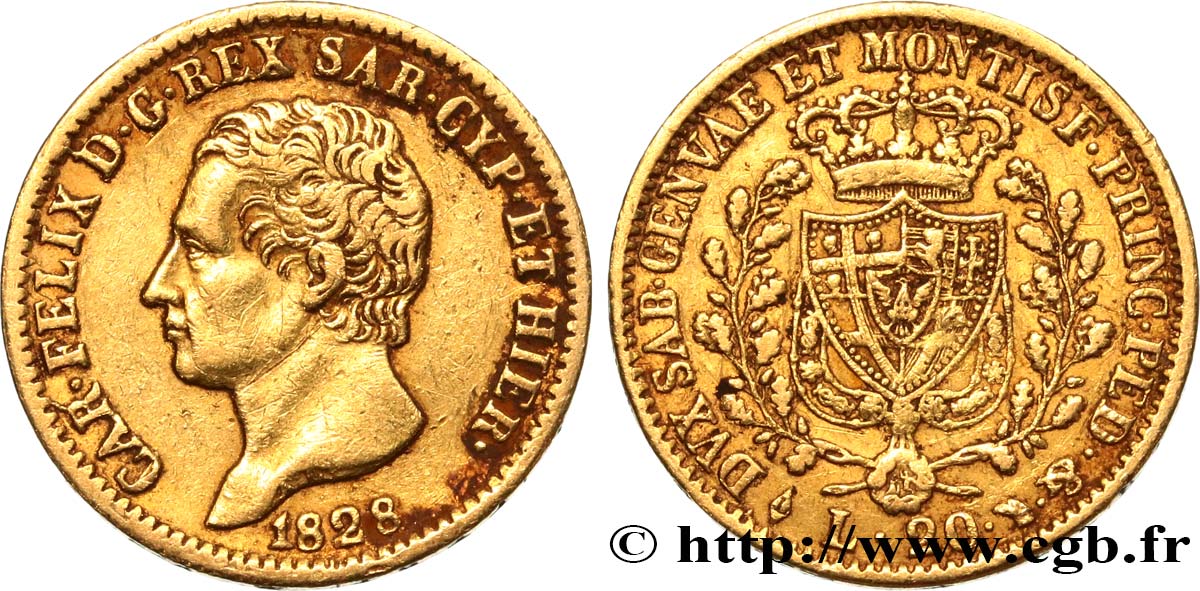 ITALY - KINGDOM OF SARDINIA 20 Lire Charles Félix 1828 Turin XF 