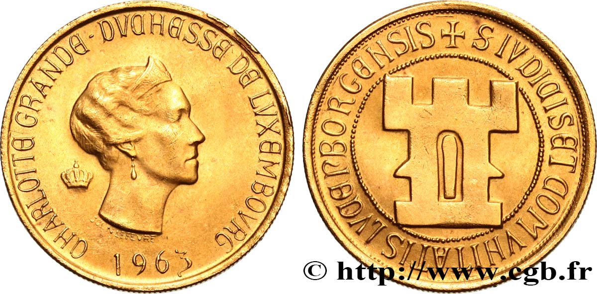 LUSSEMBURGO Médaille en or Grande-Duchesse Charlottte, module de 20 Francs or 1963 Bruxelles MS 