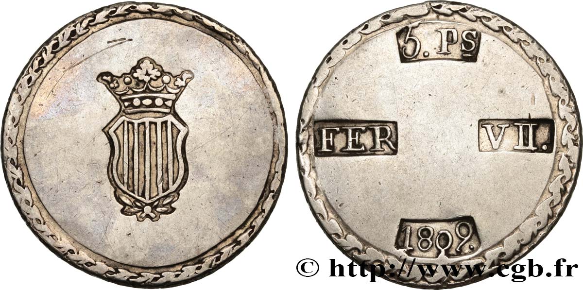 SPAIN - FERDINAND VII - SIEGE OF TARRAGONA 5 Pesetas 1809 Tarragone VF 