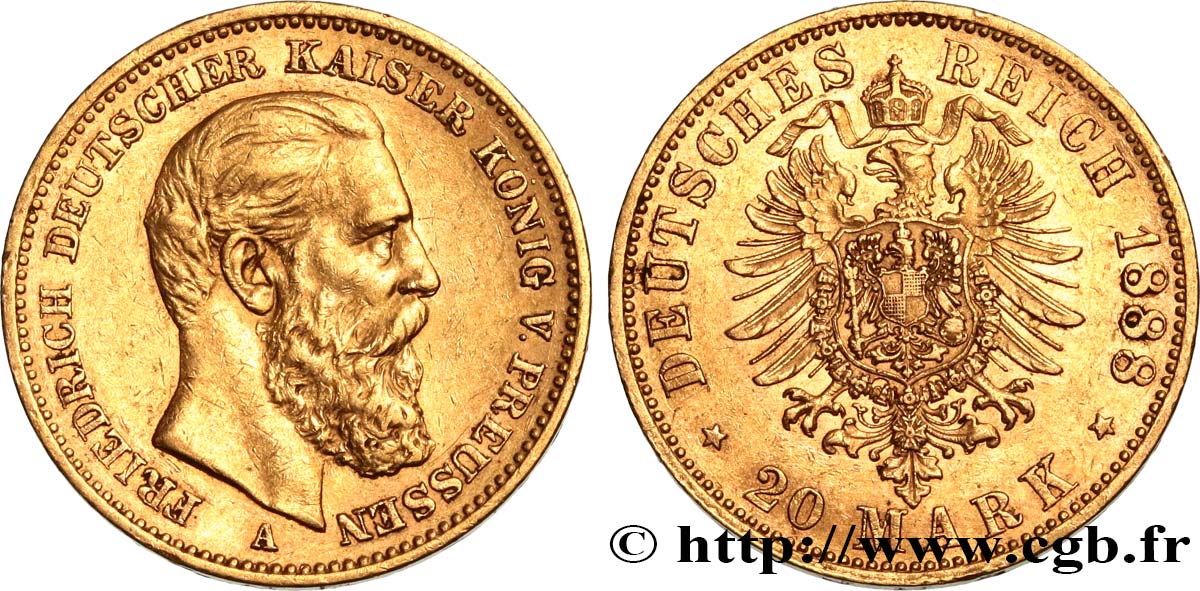 ALLEMAGNE - PRUSSE 20 Mark Frédéric III 1888 Berlin TTB+ 