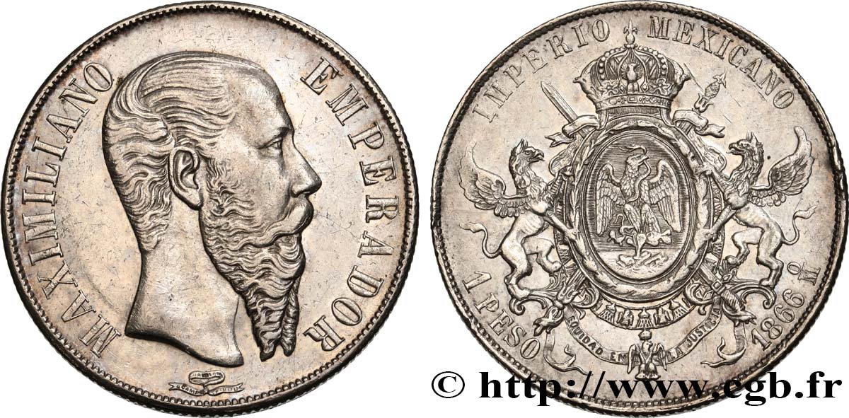 MÉXICO 1 Peso Empereur Maximilien 1866 Mexico MBC+ 