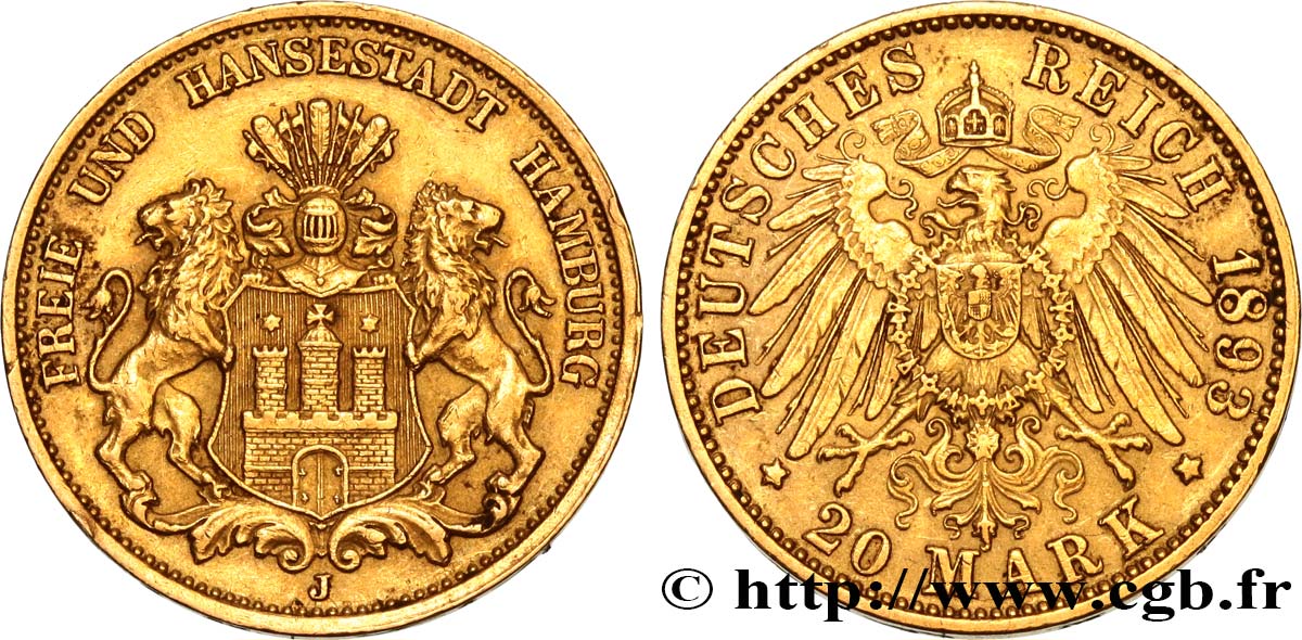 GERMANIA - LIBERA CITTA DE AMBURGO 20 Mark 1893 Hambourg BB/q.SPL 
