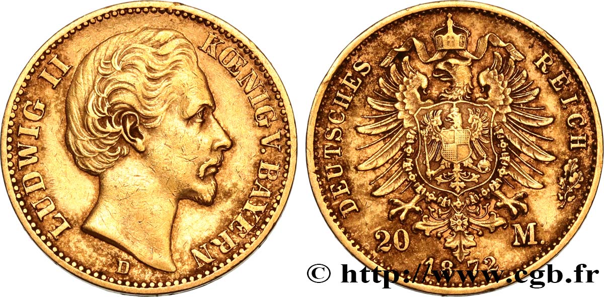 GERMANY - BAVARIA 20 Mark Louis II 1872 Munich XF/VF 