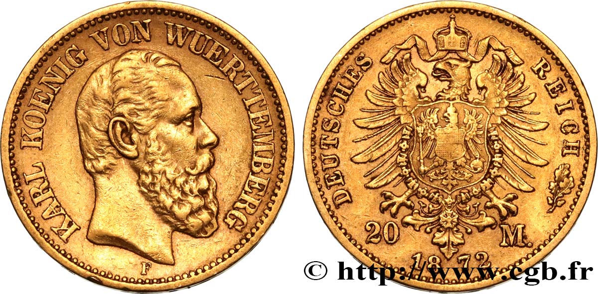 GERMANIA - WÜRTEMBERG 20 Mark Charles Ier 1872 Stuttgart BB 