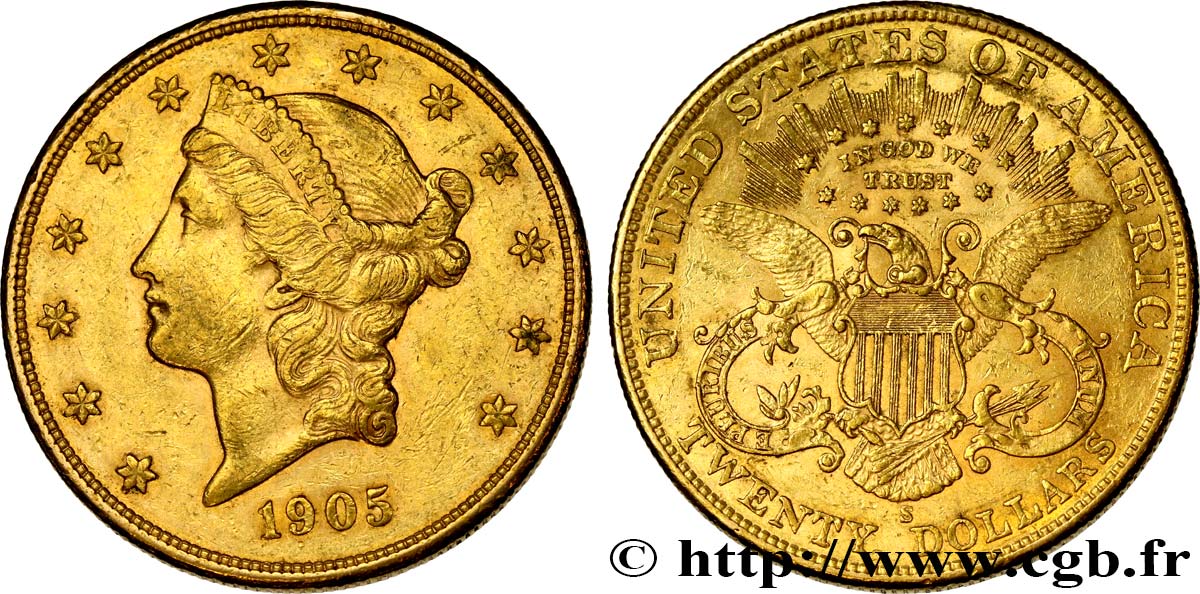 INVESTMENT GOLD 20 Dollars or  Liberty  1905 San Francisco MBC/MBC+ 
