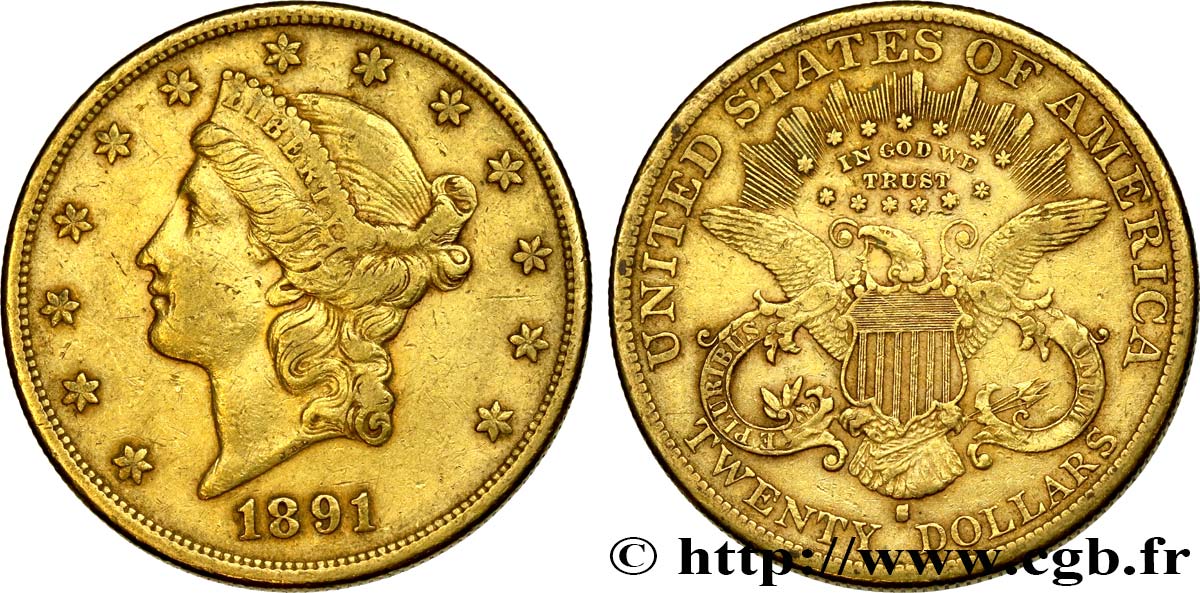 INVESTMENT GOLD 20 Dollars  Liberty  1891 San Francisco VF 