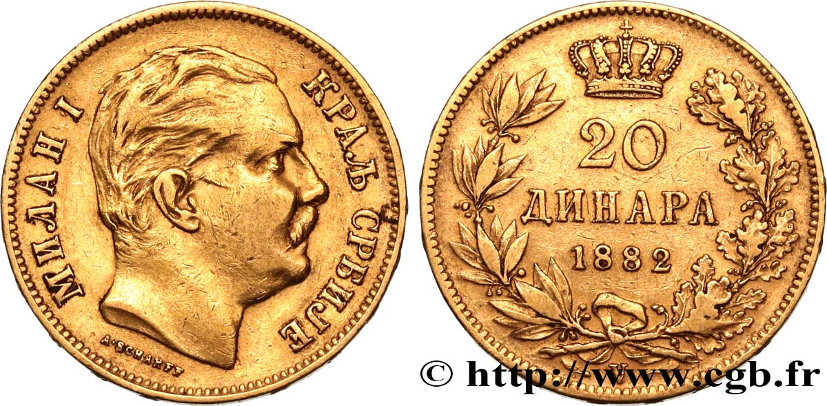SERBIA 20 Dinara Milan IV Obrenovic 1882 Vienne XF 