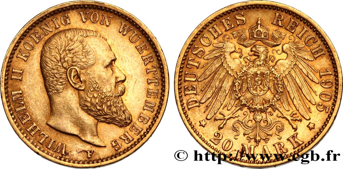 ALEMANIA - WURTEMBERG 20 Mark Guillaume II 1905 Stuttgart EBC 