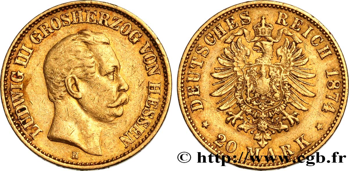 ALEMANIA - HESSE 20 Mark Louis III, 1er type 1874 Darmstadt MBC 