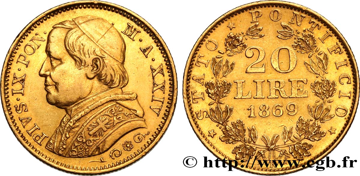 ITALY - PAPAL STATES - PIUS IX (Giovanni Maria Mastai Ferretti) 20 Lire an XXIV 1869 Rome AU/AU 