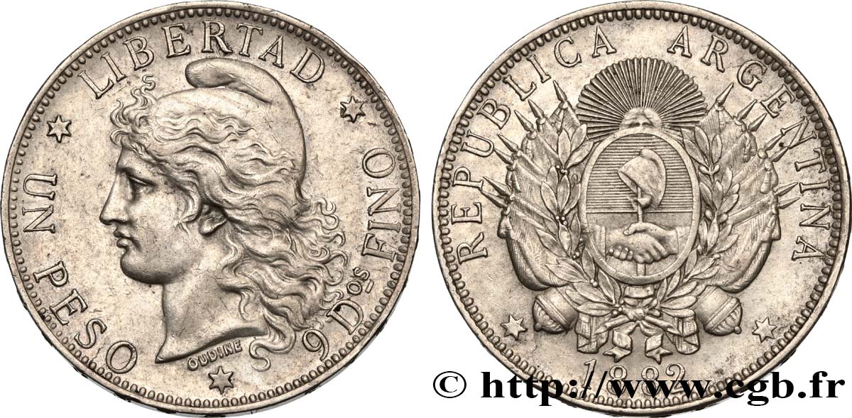 ARGENTINA - ARGENTINE REPUBLIC 1 Peso  1882  AU 