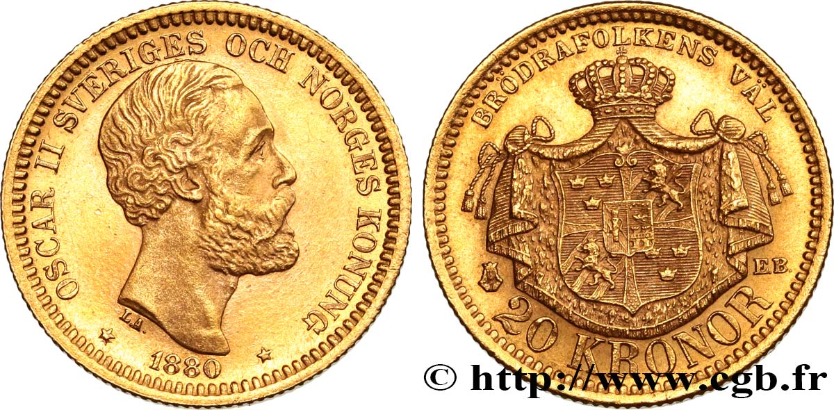 SUECIA - REINO DE SUECIA - OSCAR II 20 kronor Oscar II, 3e type 1880 Stockholm EBC 