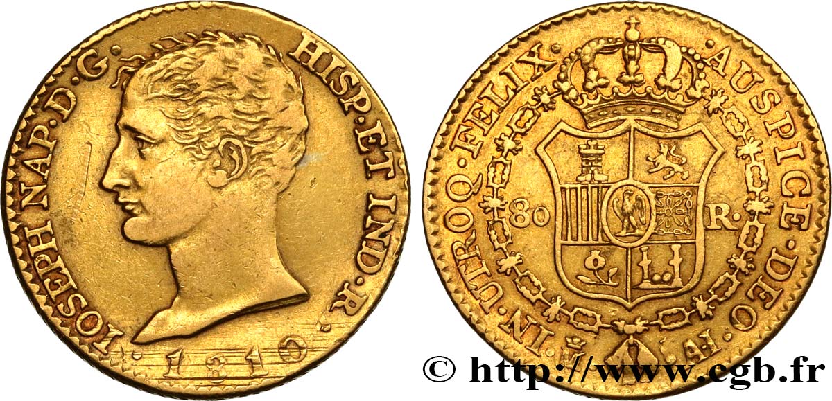 SPAIN - KINGDOM OF SPAIN - JOSEPH NAPOLEON 80 Reales, 1er type 1810 Madrid XF 