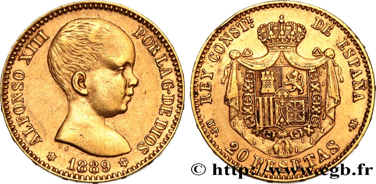 SPAIN 20 Pesetas Alphonse XIII 1889 Madrid AU/XF 