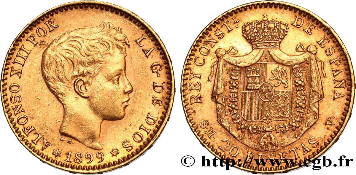 SPAIN 20 Pesetas Alphonse XIII 1899 Madrid AU 