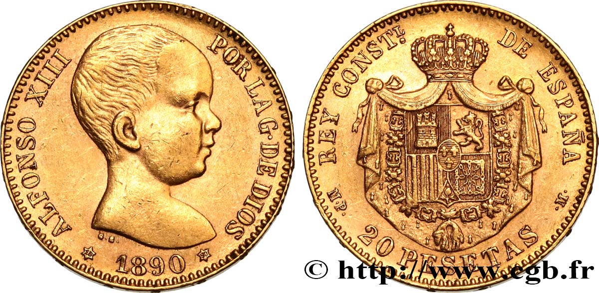 SPAIN 20 Pesetas Alphonse XIII 1890 Madrid AU/AU 