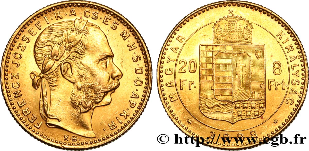 HONGRIE 20 Francs or ou 8 Forint François-Joseph Ier 1888 Kremnitz FDC 
